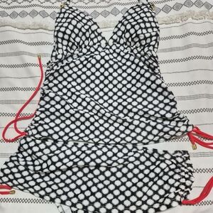 Black and White Polka Dot Swimsuit with Red Accents